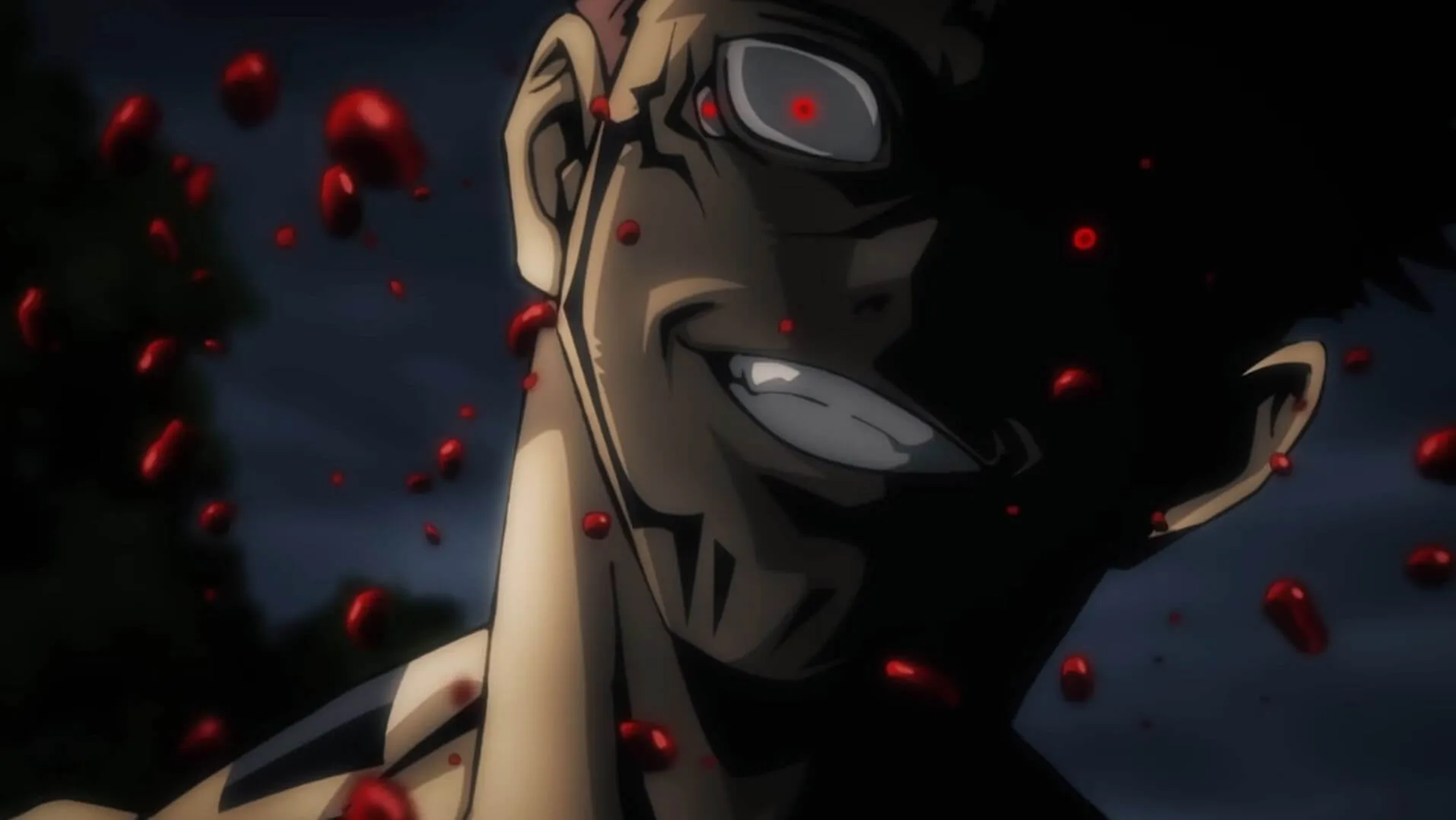 Sukuna sorrindo com um olhar maléfico