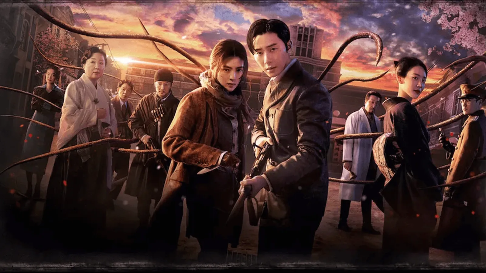 Personagens prinsipais em meio aos monstros.