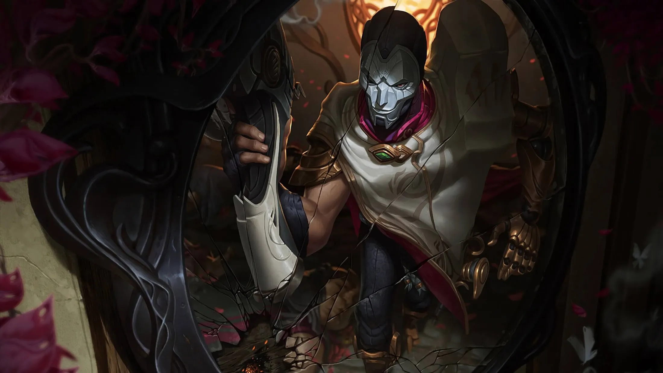 Jhin se olhando no espelho enquanto segura sua arma