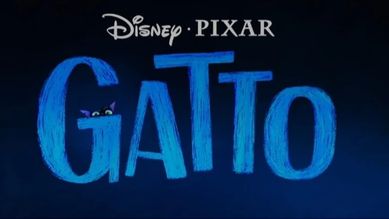 Banner o filme Gatto com letras azuis e gato preto