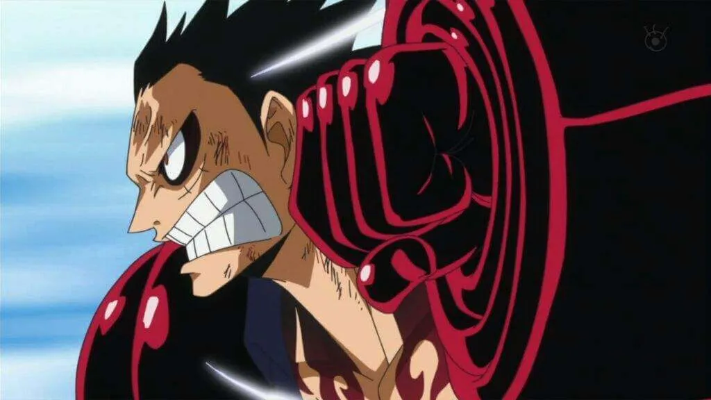 Luffy irritado, na forma da gear 4, equanto prepara um ataque