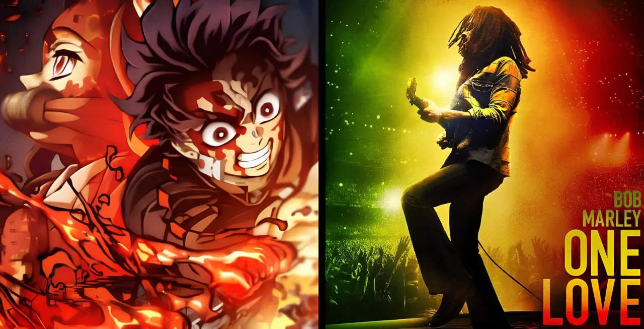 Lado esquerdo, Capa do filme de Demon Slayer. Lado direito, capa do filme sobre Bob Marley