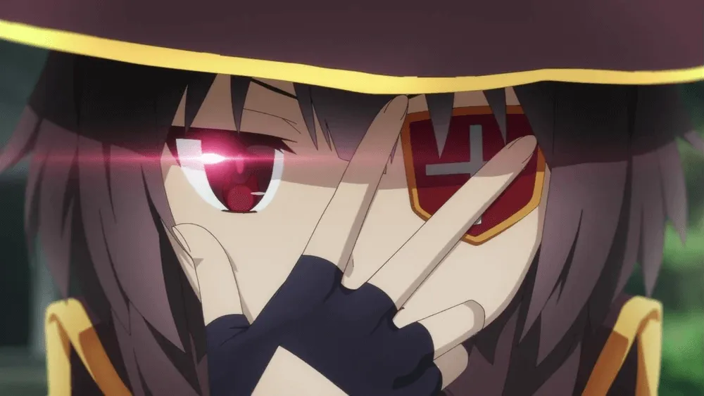 A personagem Megumin de "KonoSuba" com os dedos segurando seu tapa olho.