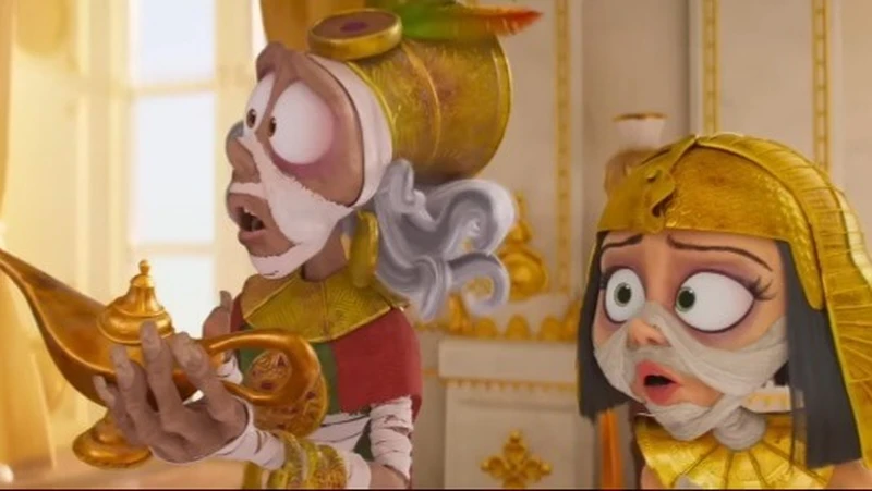 Múmia segurando lâmpada mágica ao lado de uma múmia mulher que olha chocada