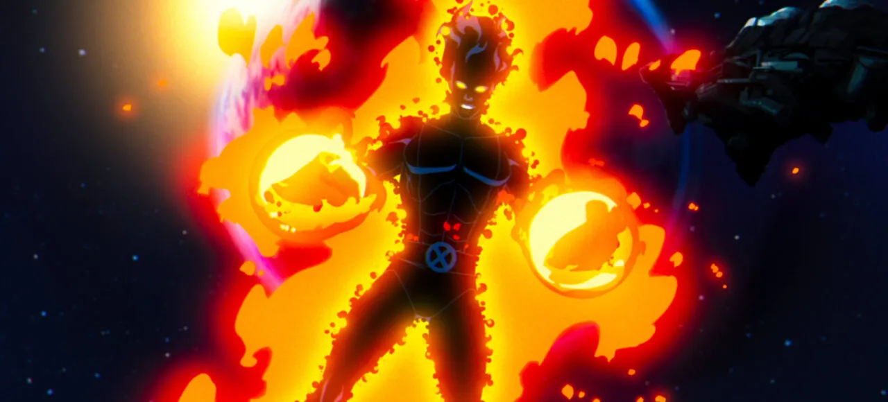 Personagem animado queimando em meio a muito fogo.