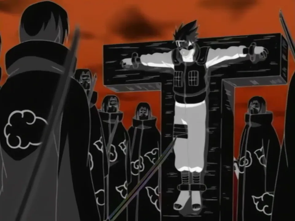Kakashi Hatake preso no genjutsu de Itachi Uchiha no Naruto Clássico. Foto: Divulgação