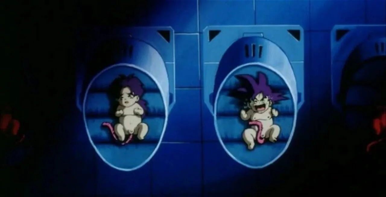 Broly e Goku bebês cada um em sua incubadora