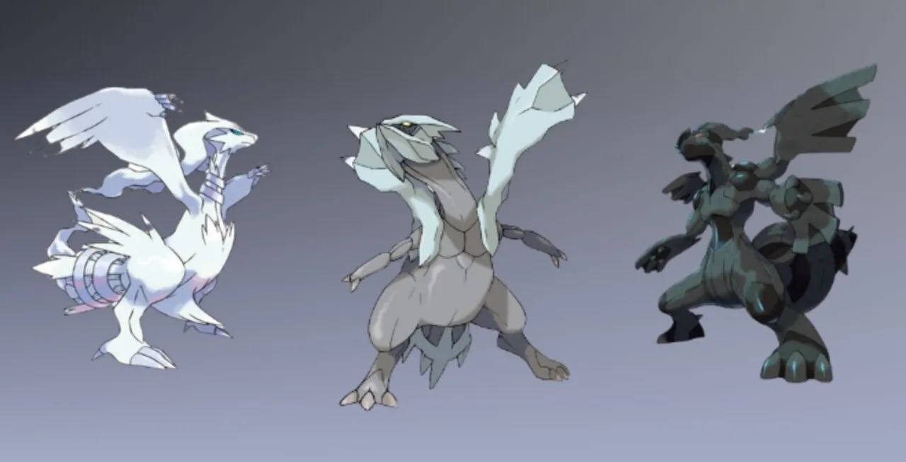 Trio Tao formado por Reshiram, Kyurem e Zekrom, da esquerda para a direita em um fundo degradê