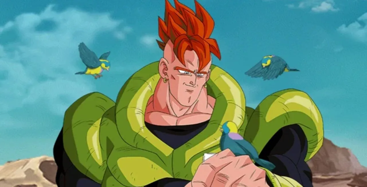 Androide 16 com olhar sereno e pássaros ao seu lado