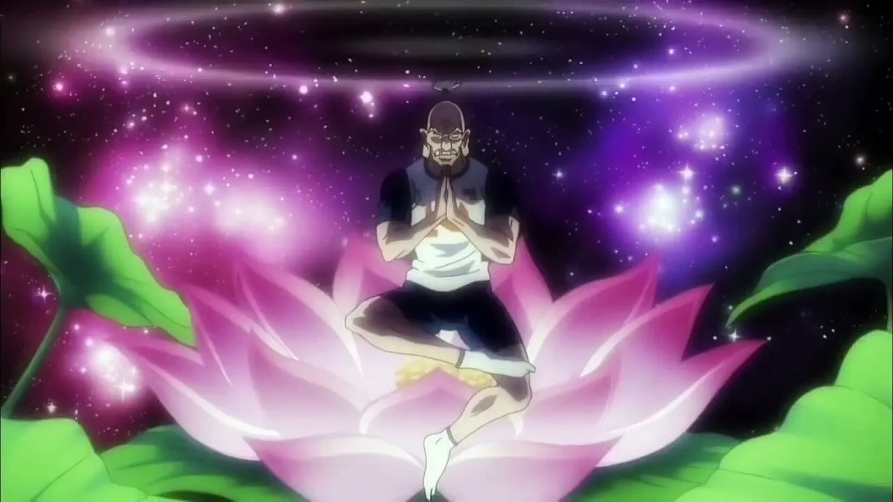 Netero em posição de meditação enquanto no fundo aparece uma flor de lótus.