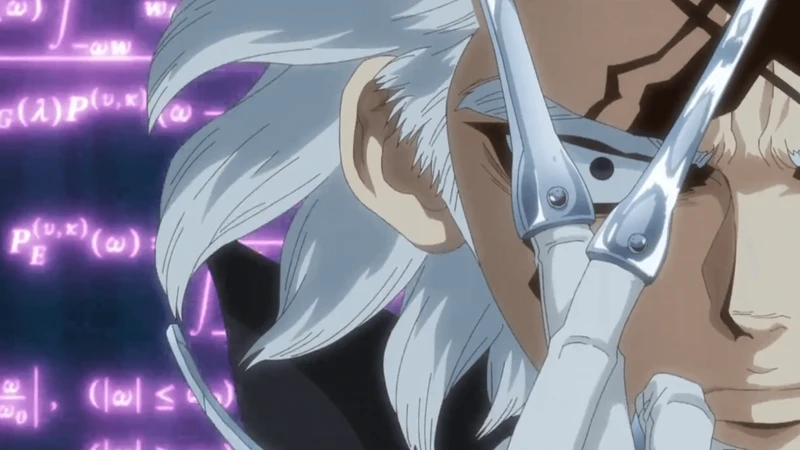 Xeno fazendo um X com os dedos em um fundo preto e roxo