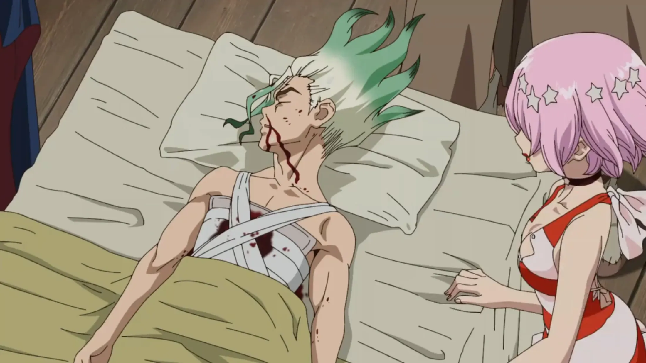 Senku após tomar um tiro