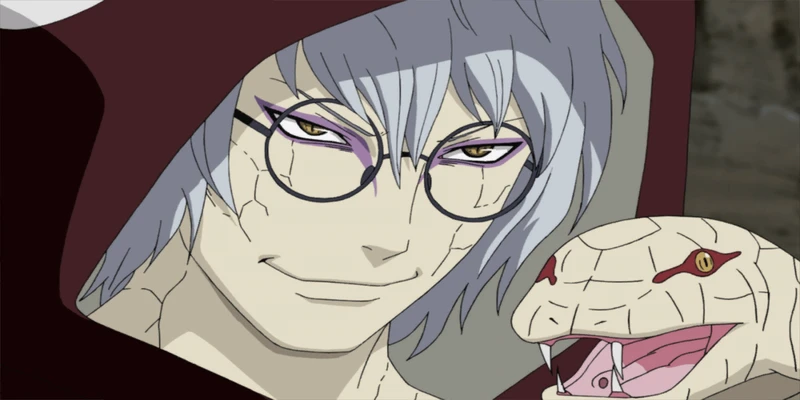 kabuto sorrindo enquanto sua cobra está ao seu lado