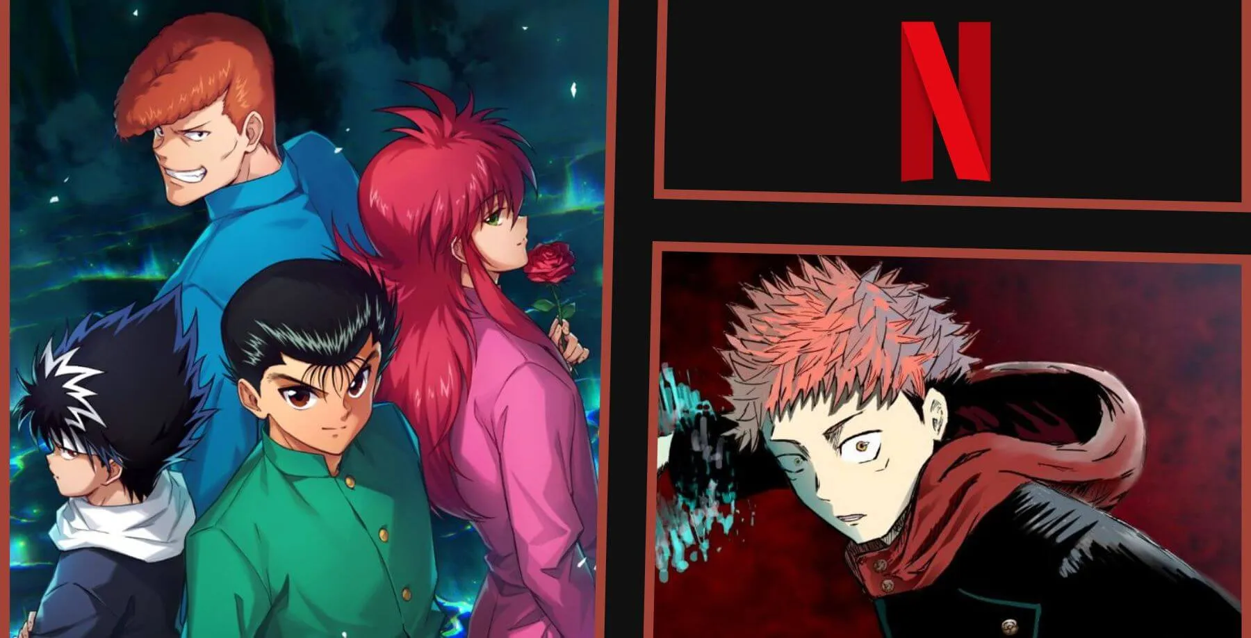 Imagens dos personagens de Yu Yu Hakusho, Jujutsu Kaisen e a logo da Netflix