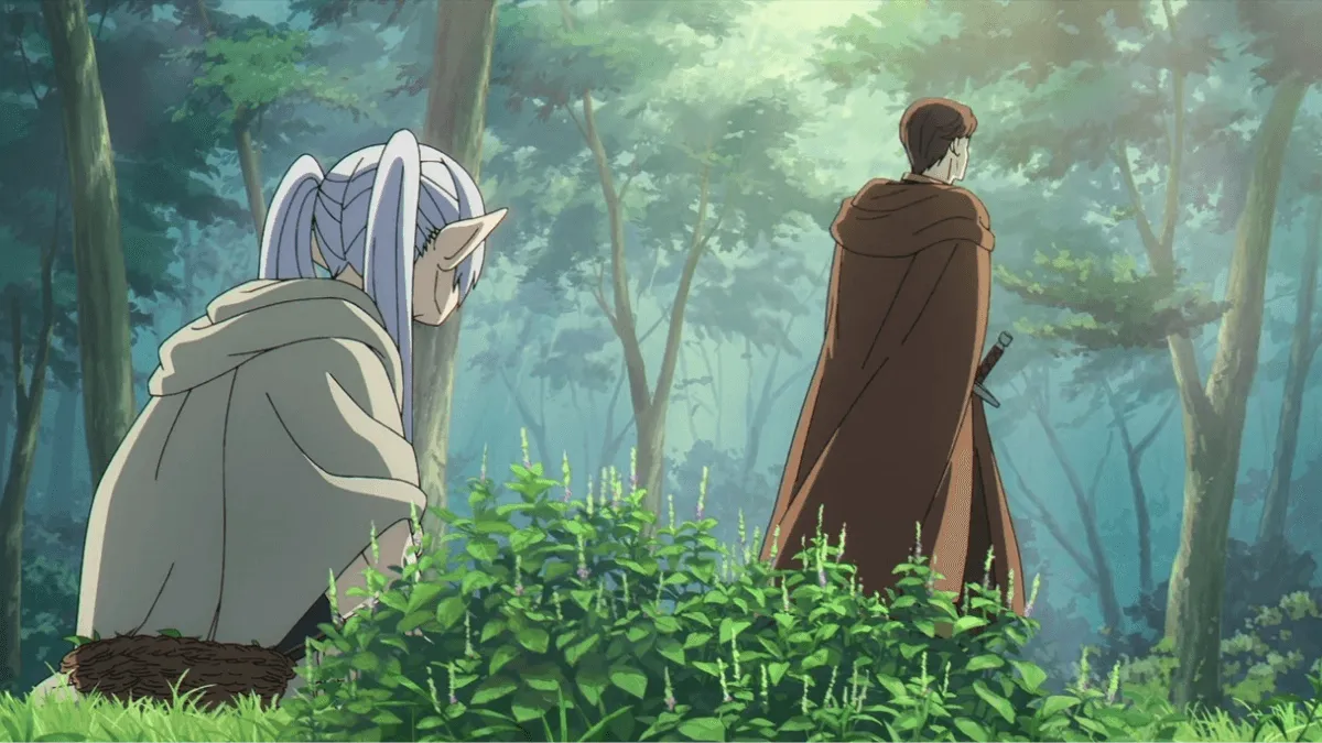 Frieren sentada no chão olhando o herói do sul