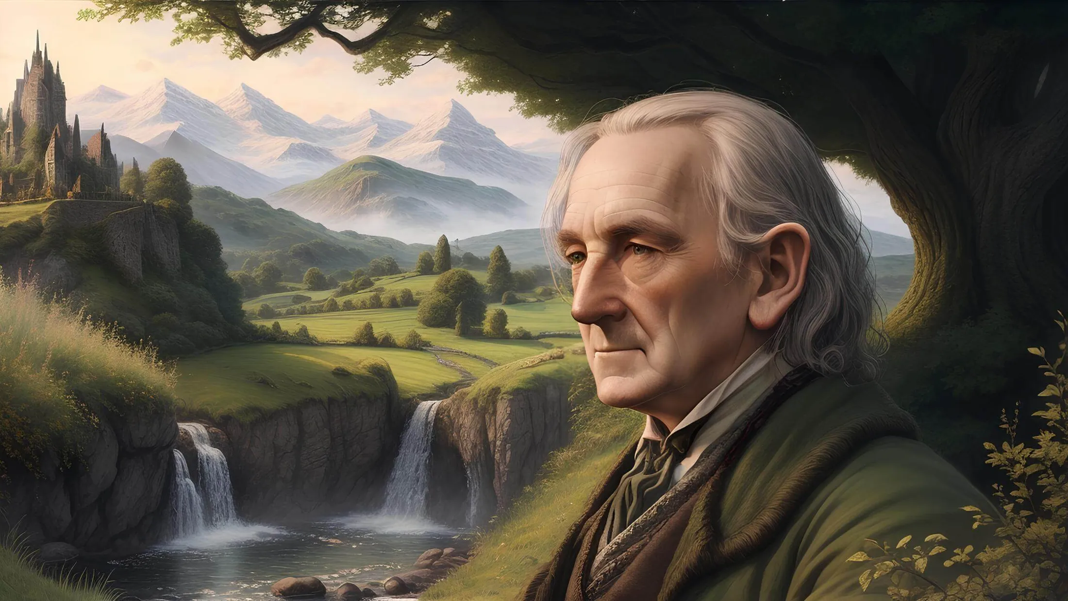 O autor J. R. R Tolkien, olhando uma paisagem inspirada em Hobbit