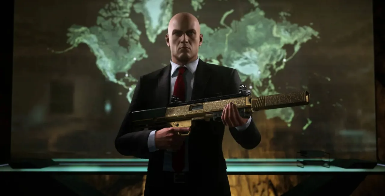 Personagem Hitman em pé segurando uma escopeta