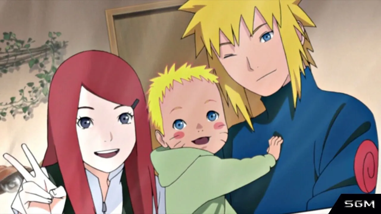 minato e kushina tirando uma foto enquanto minato segura naruto bebê