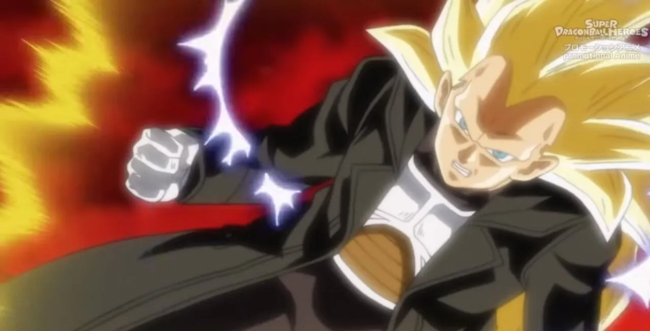 Personagem Vegeta Super Saiyajin 3 tendo dificuldades em combate
