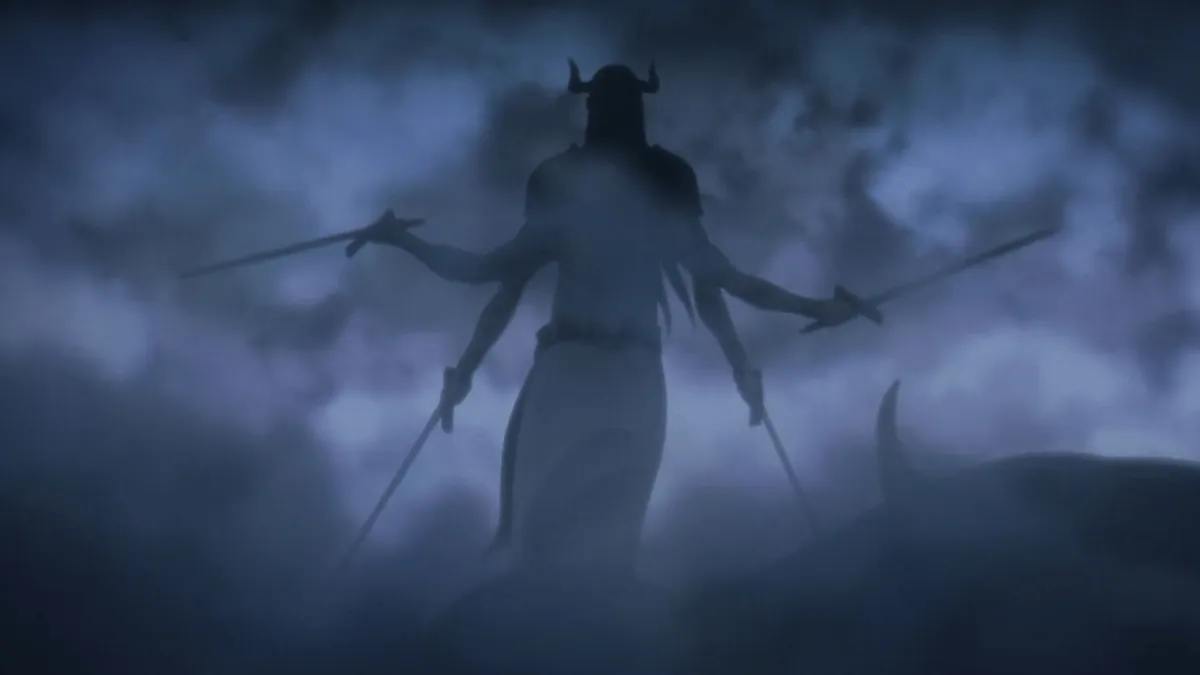 sombra de um demônio segurando 4 espadas