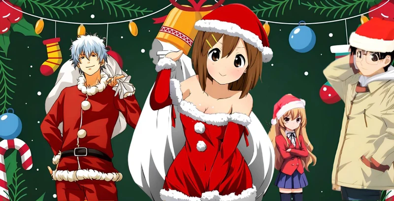 Personagens de Gintama, K-On, Toradora e Love Hina com roupas temáticas do Natal em fundo decorativo natalino
