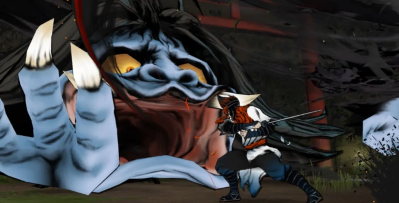 Personagem de World of Demons em combate com criatura monstruosa