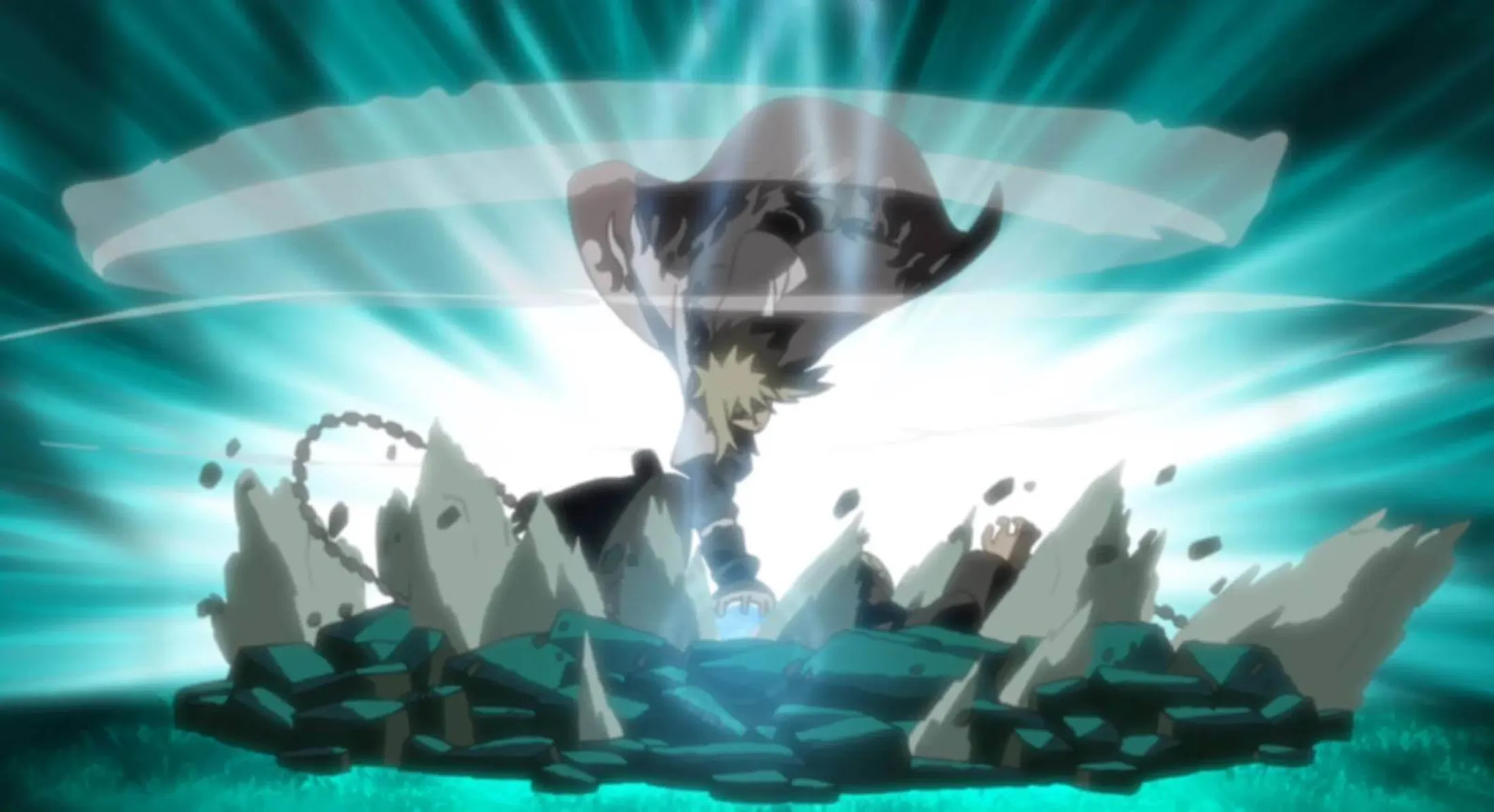 Minato em batalha disparando um rasengan contra Obito.
