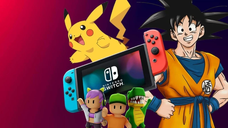 jogos gratuitos de Nintendo Switch 1 e Nintendo Switch 2 - Dragon Ball, PIkachu, Stumble Guys e um console padrão NIntendo Switch ao centro