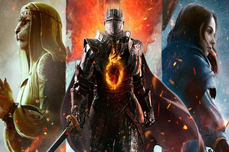 Dragon's Dogma 2, imagem oficial com três personagens diferentes.