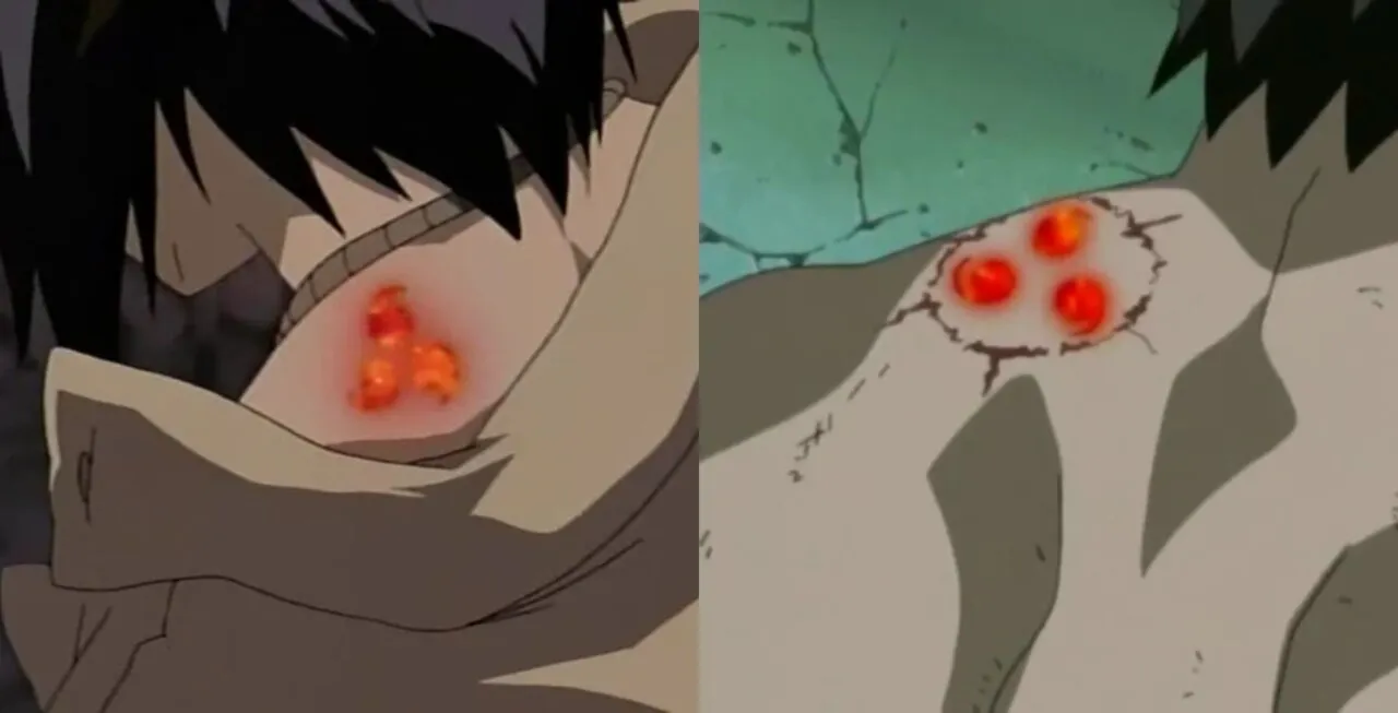 Pescoço de Anko e pescoço de Sasuke com a marca da maldição