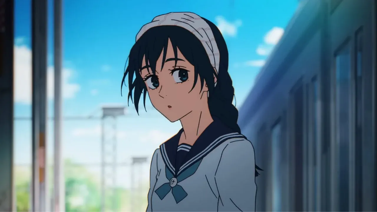 riko usando uniforme escolar e olhando para o lado, aparentemente surpresa com algo