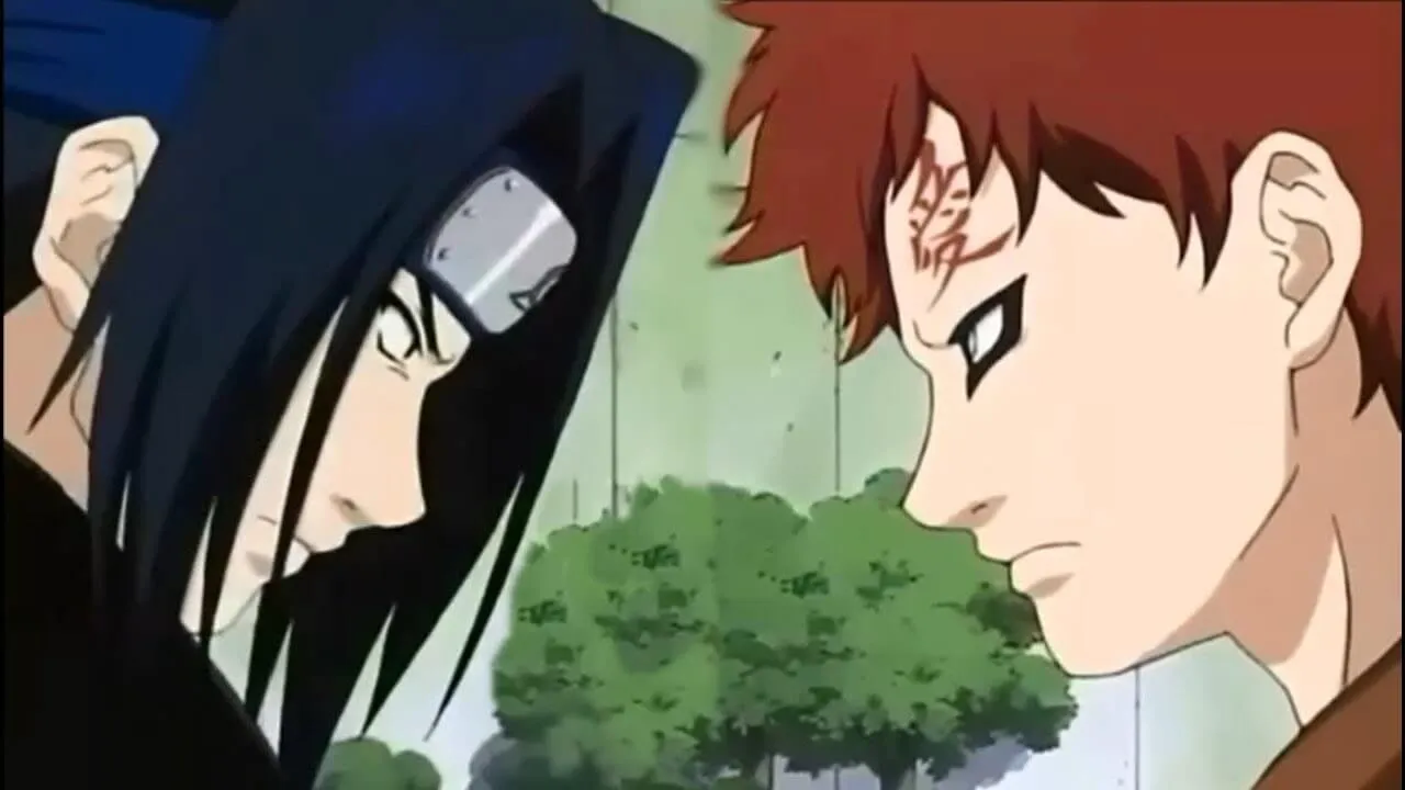 Personagens Sasuke e Gaara se encarando antes da batalha.