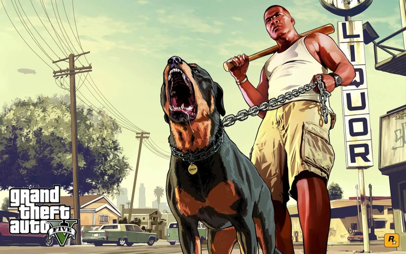 Imagem da tela de carregamento de GTA 5 com Franklin e seu cachorro.