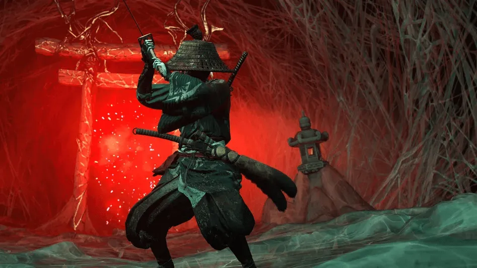 um samurai na frente de um portal vermelho em Ghost of Yotei Legends