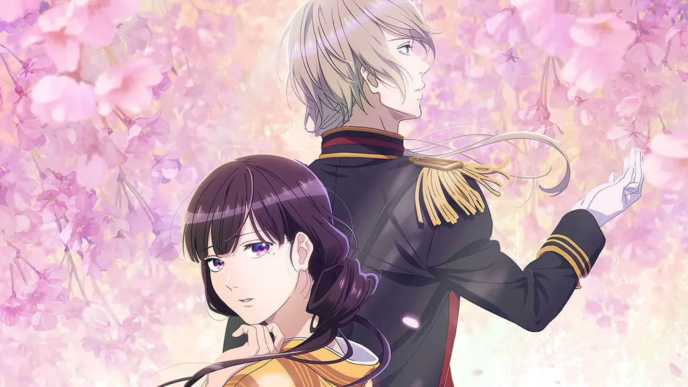 Miyo e Kiyoka admiram as efêmeras flores de cerejeira, testemunhando a beleza efêmera da sua jornada de amor.