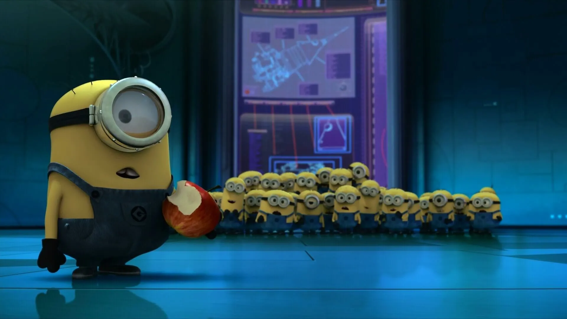 Minions do filme Meu Malvado Favorito 4 organizados em fileira.