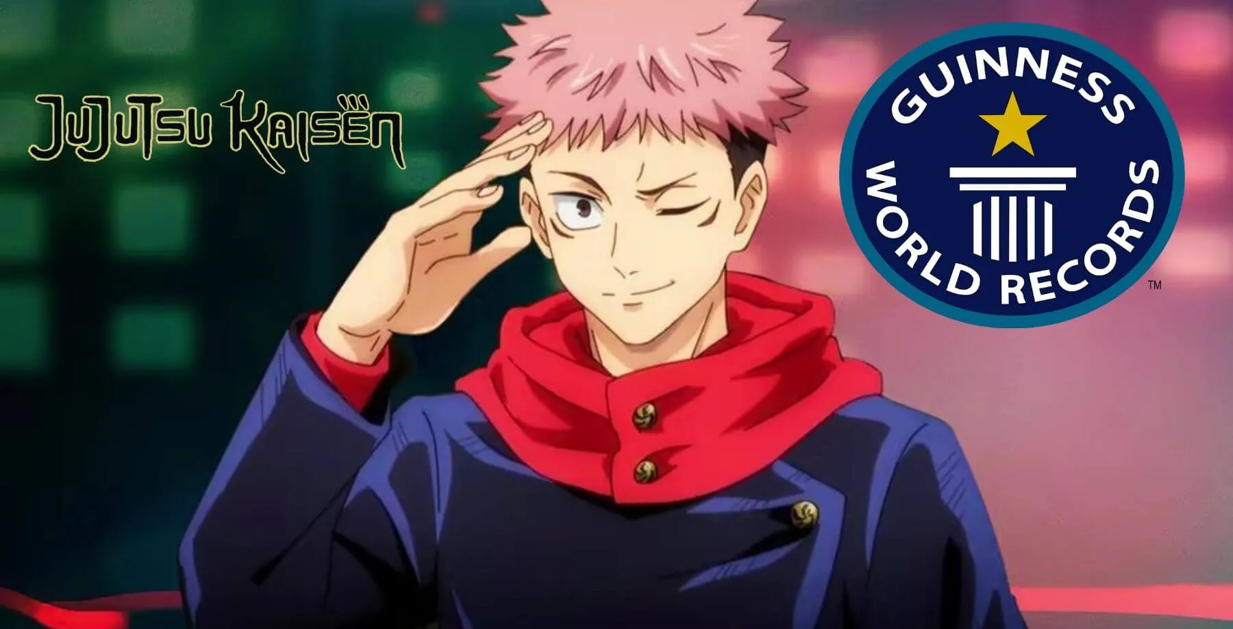 Logo de Jujutsu Kaisen a esquerda, Yuji Itadori no centro e logo do Guinness Book a direita