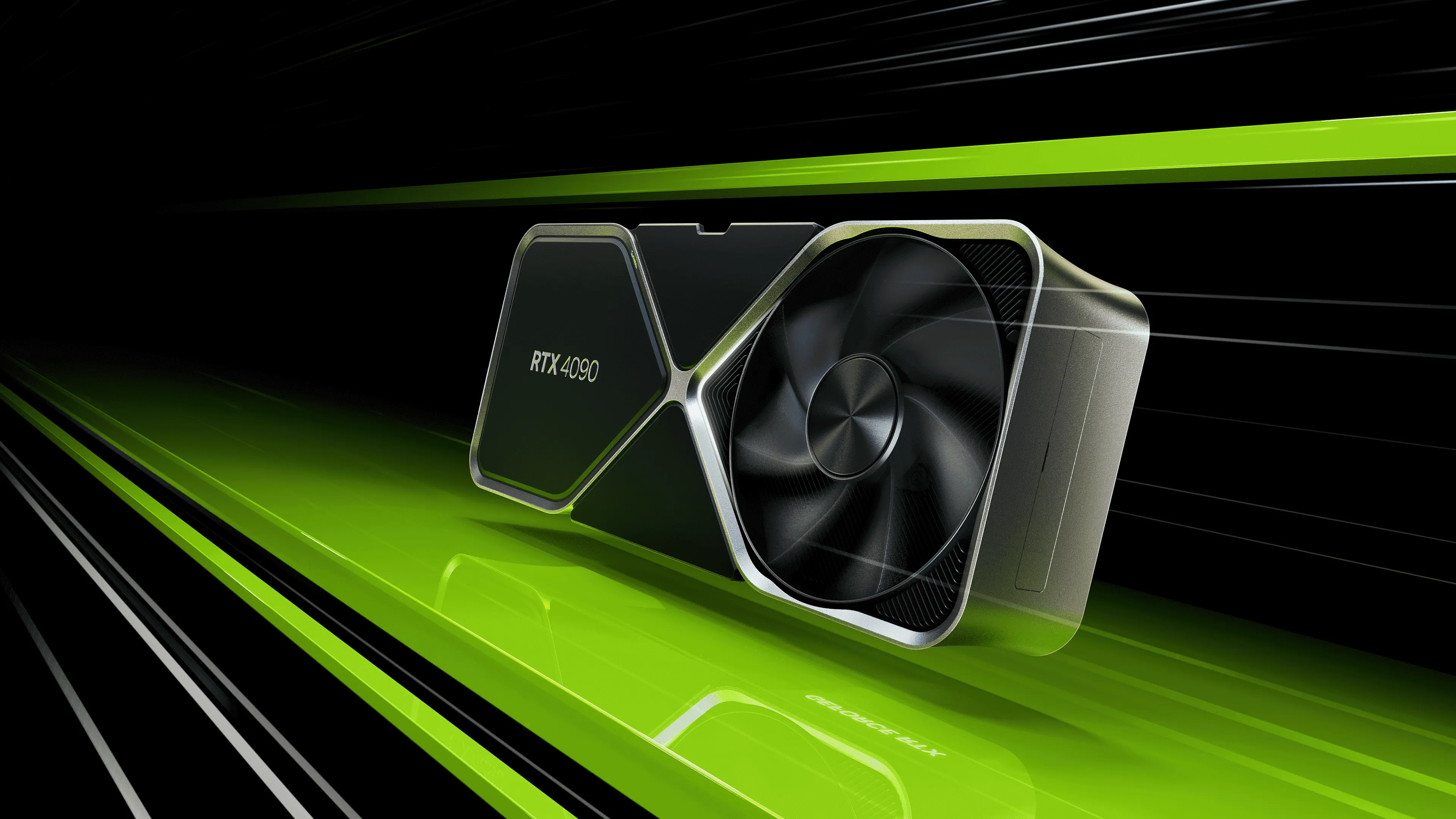 Placa de vídeo da NVIDIA, modelo RTX 4090 graficamente ilustrada com raios verdes transmitindo a sensação de velocidade ao dispositivo