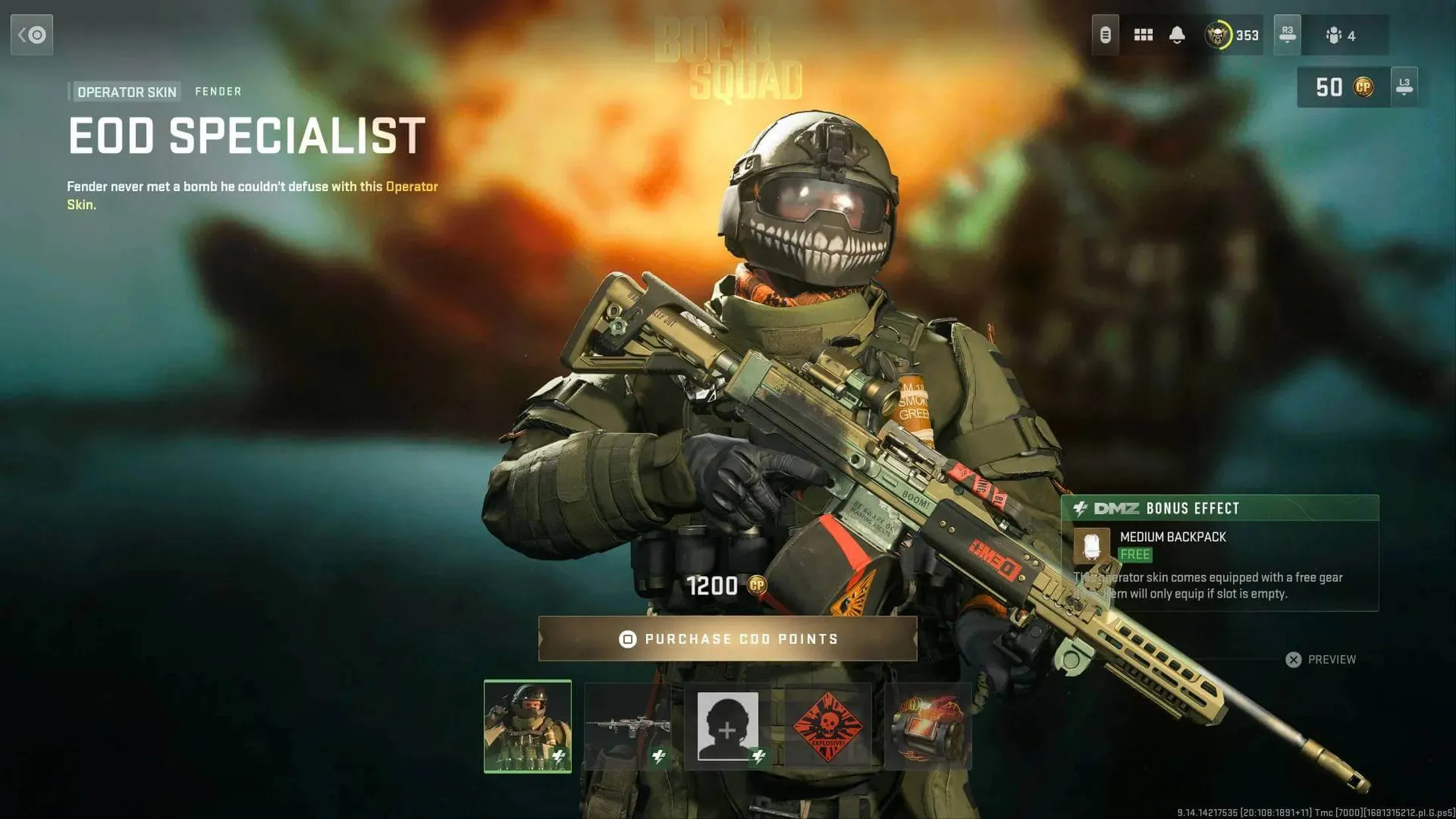 Foto mostra personagem grande com armadura anti-explosão, com uma metralhadora leve na mão. A imagem também mostra outros dados sobre o pacote, incluindo o preço de 1200 cod points.