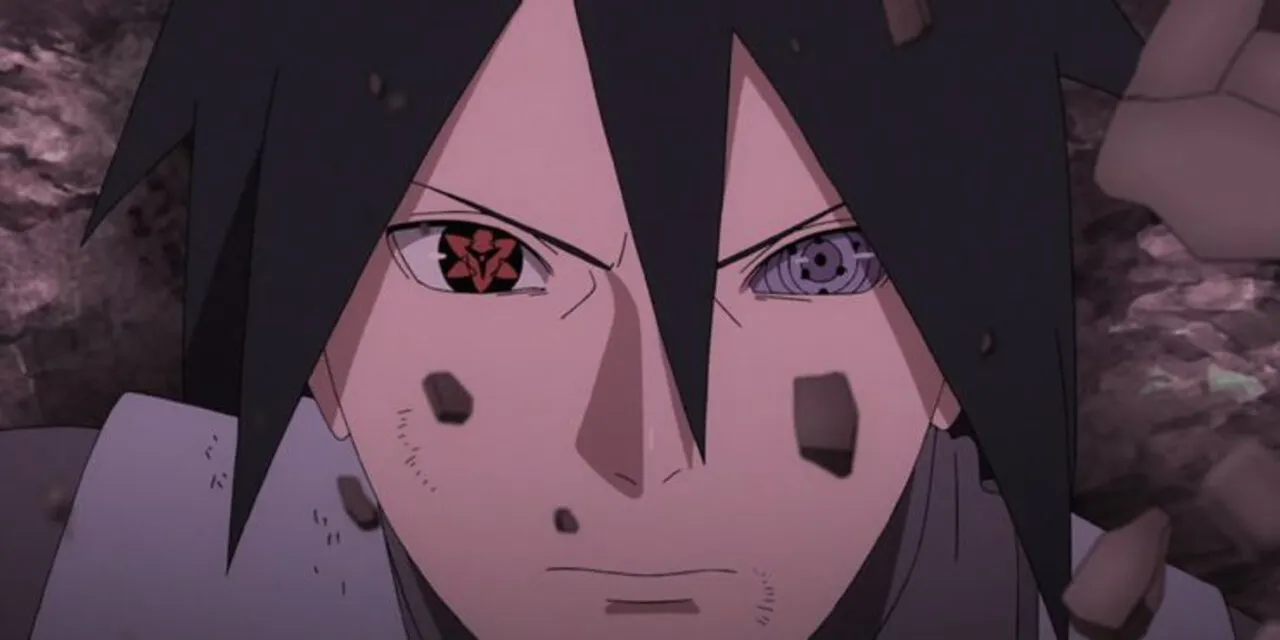 Sasuke com seu sharingan e seu rinnegan ativados