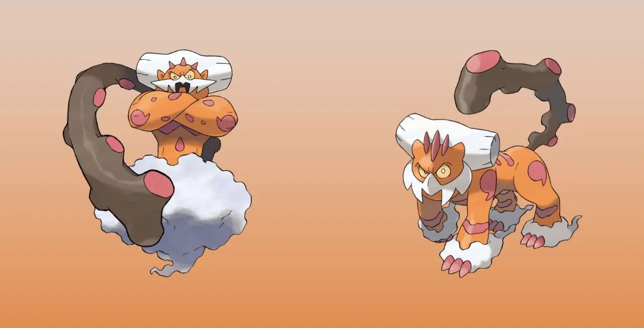 Landorus em suas duas formas com um fundo em degrade