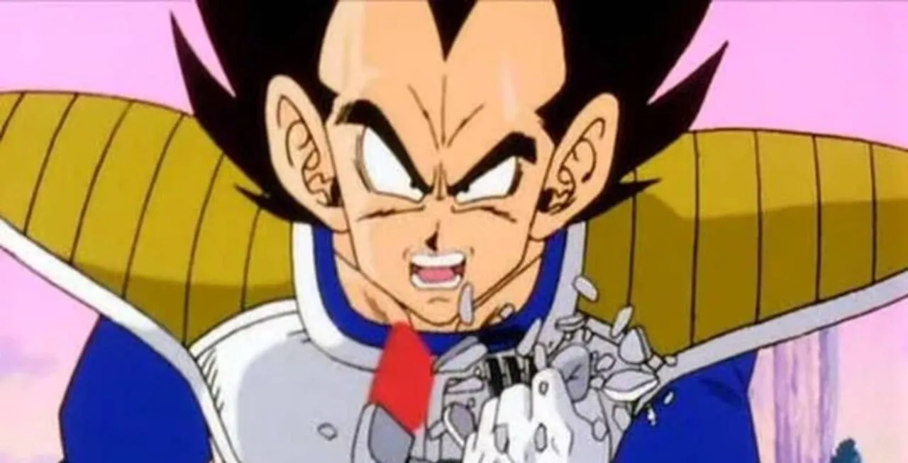 Personagem Vegeta irritado e quebrando aparelho que mede poder dos adversários