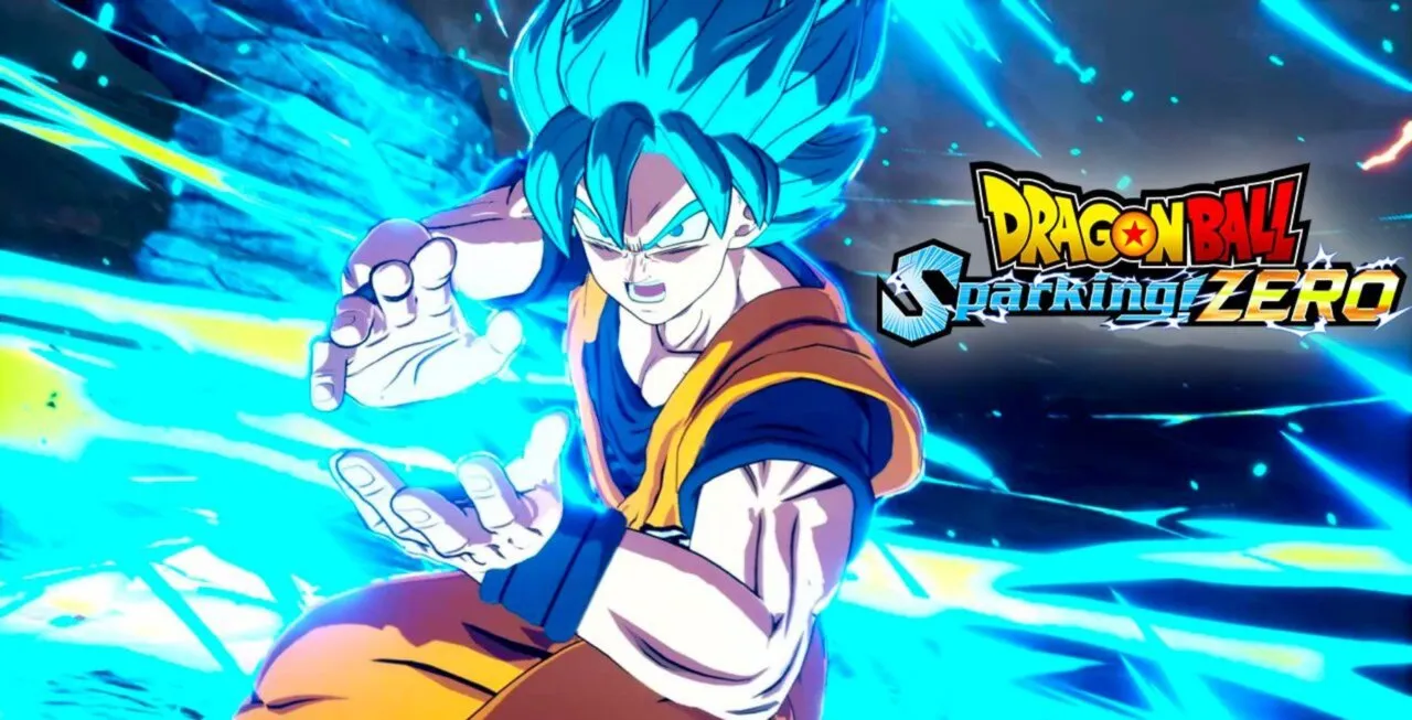 Goku preparando para disparar um Kamehameha e o logo do jogo a sua esquerda DRAGON BALL Sparking! ZERO