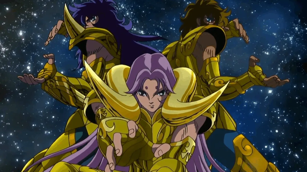 3 cavaleiros de ouro fazendo exclamação de Atena
