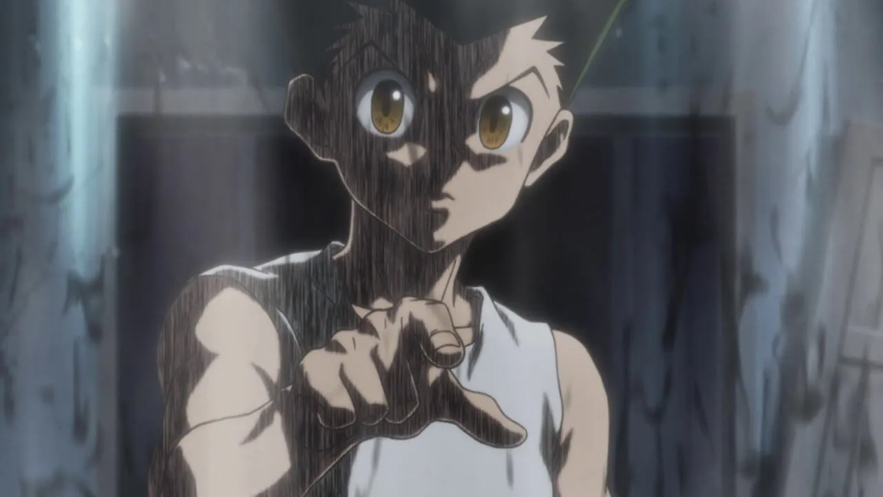 Gon muito irritado apontando seu dedo para Pitou