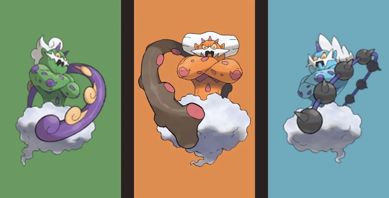 Da esquerda para a direita: Tornadus, Landorus e Thundurus na incarnate forme