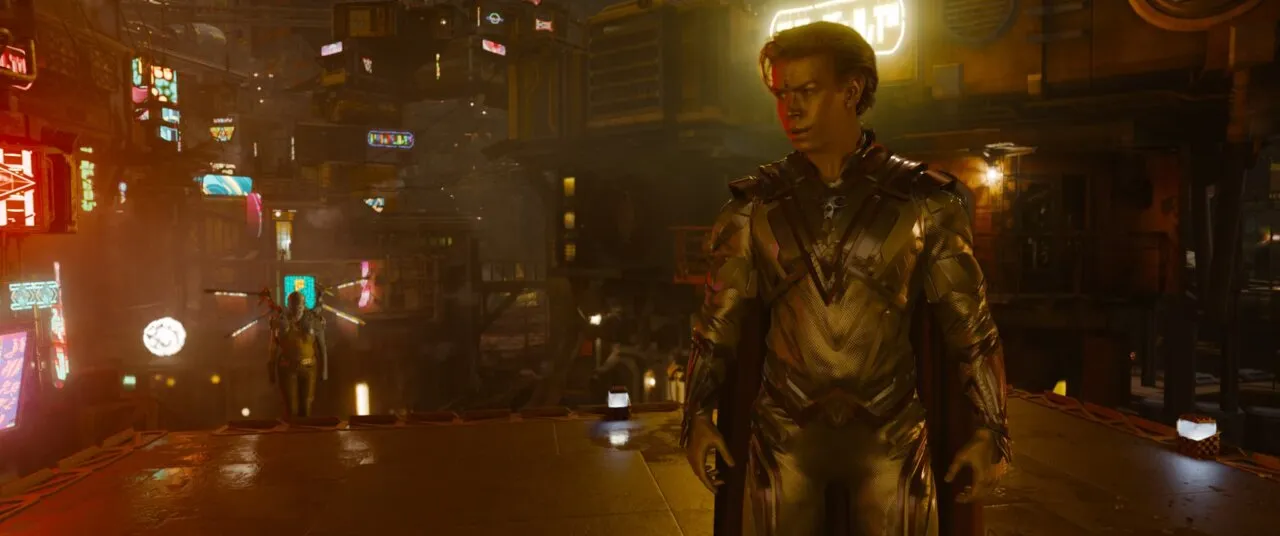 Imagem de Adam Warlock durante a batalha com os Guardiões da Galáxia, com Nebulosa ao fundo