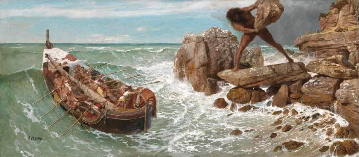 Cena do poema Odisseia retrata Odisseu e Polifemo, de Arnold Böcklin, 1896. Créditos: Museu de Belas Artes de Boston.