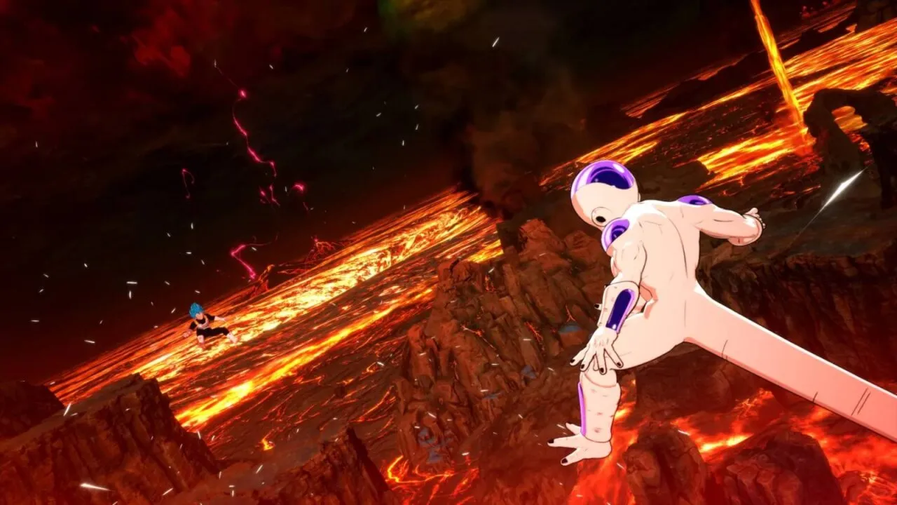 Personagem Freeza voando sobre chão destruído com lava