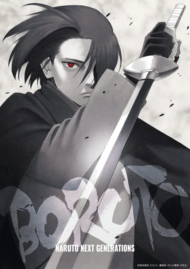 Sasuke segurando uma espada com seu Sharingan a mostra no olho e uma escrita "Boruto" no final da imagem.